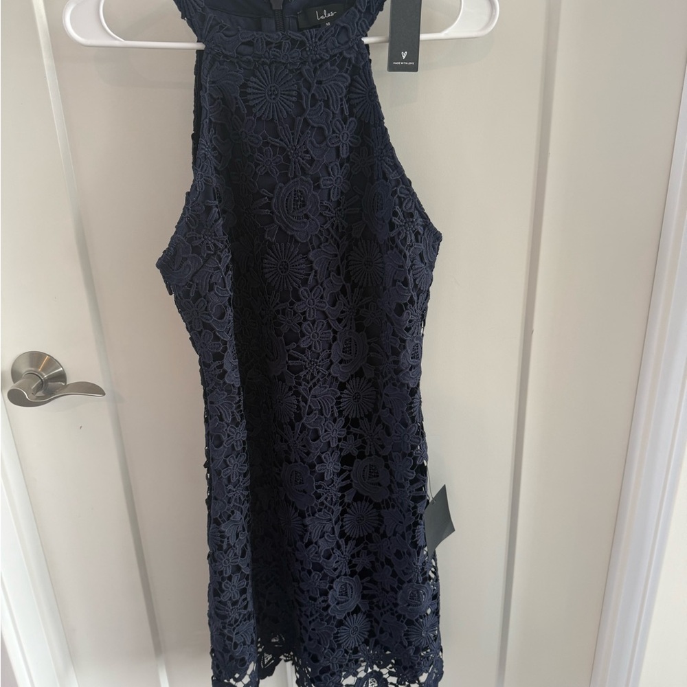 Lulu's Midnight Blue Floral Lace Midi Dress